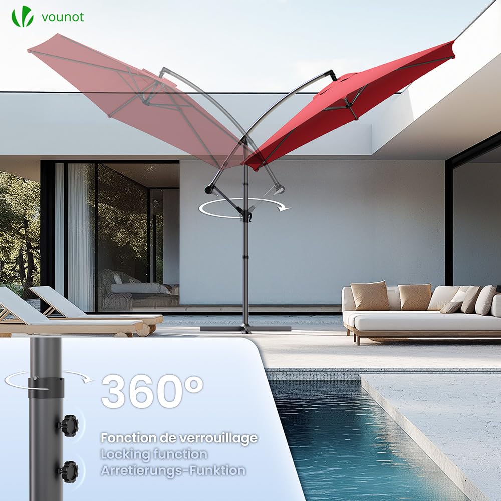 VOUNOT? 3m Cantilever Garden Parasol, Banana Patio Umbrella with Crank Handle, Wind Protection Strap and Tilt for Outdoor Sun Shade, Red