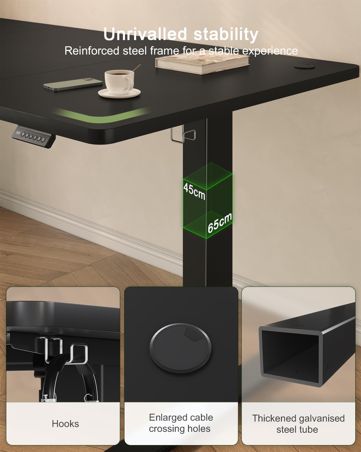 JUMMICO 120x60cm Electric Standing Desk with USB Charging Height Adjustable Desk with Sedentary Reminder Stand Up Desk with Splice Board for Home