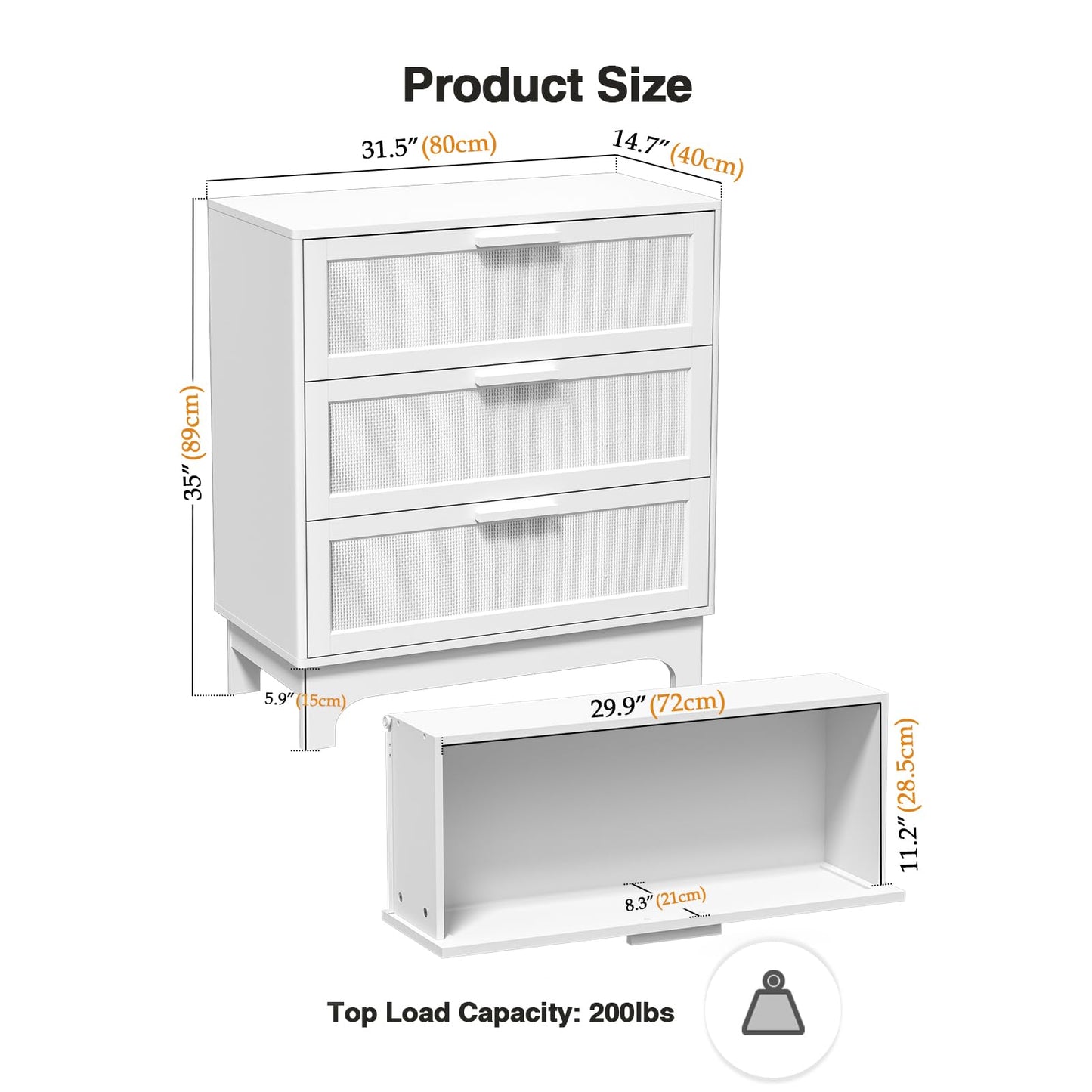 Skokliz White Chest of Drawers for Bedroom, Rattan 3 Drawer Storage Organiser Unit with Spacious Storage Cabinet, Nursery Furniture, Living Room