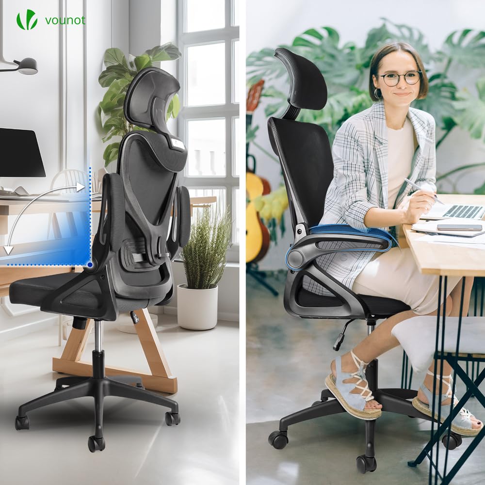 VOUNOT® Ergonomic Office Chair, High Back Mesh Desk Chair with Adjustable Lumbar Support & Headrest, Swivel Computer Chair for Home Office, Black