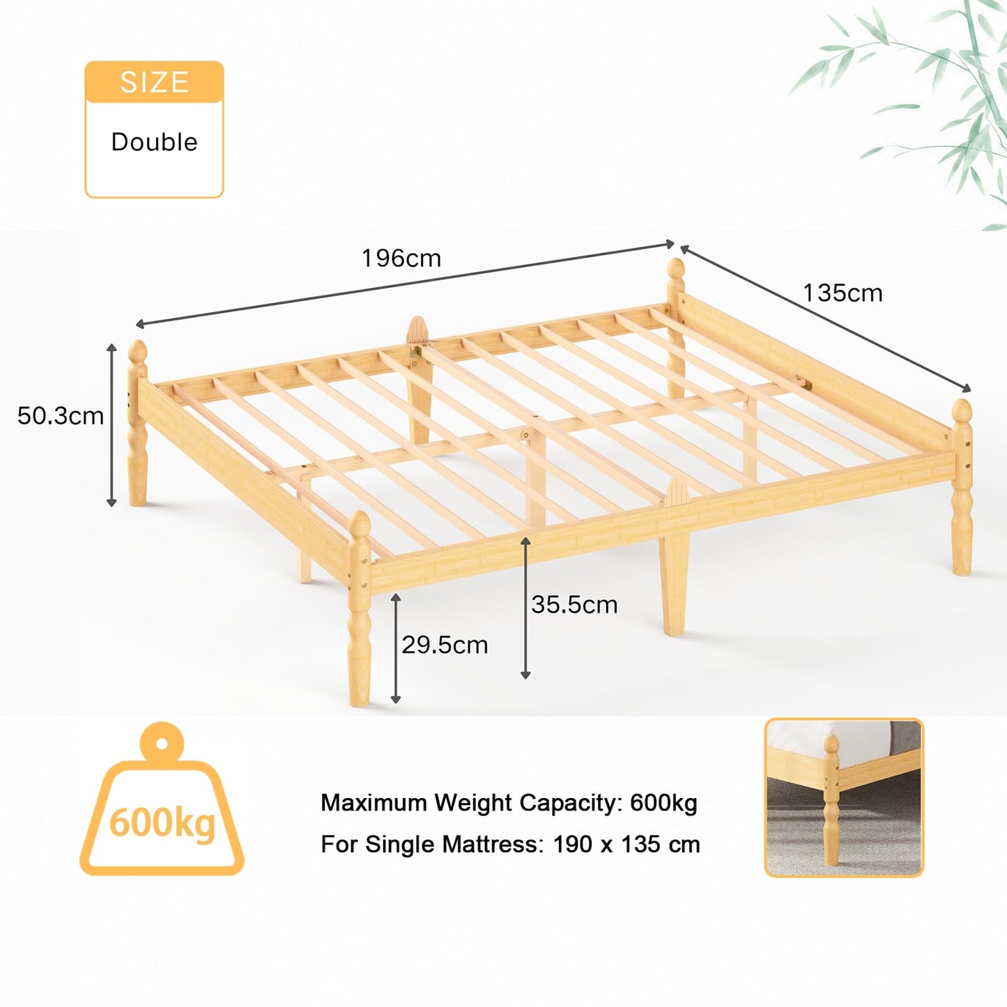 APEXTELLA HOME Double Bed Frame 14-inch Natural Bamboo Wood Platform Bed with Metal Slats Support and Mattress Slide Stopper, Underbed Storage Space
