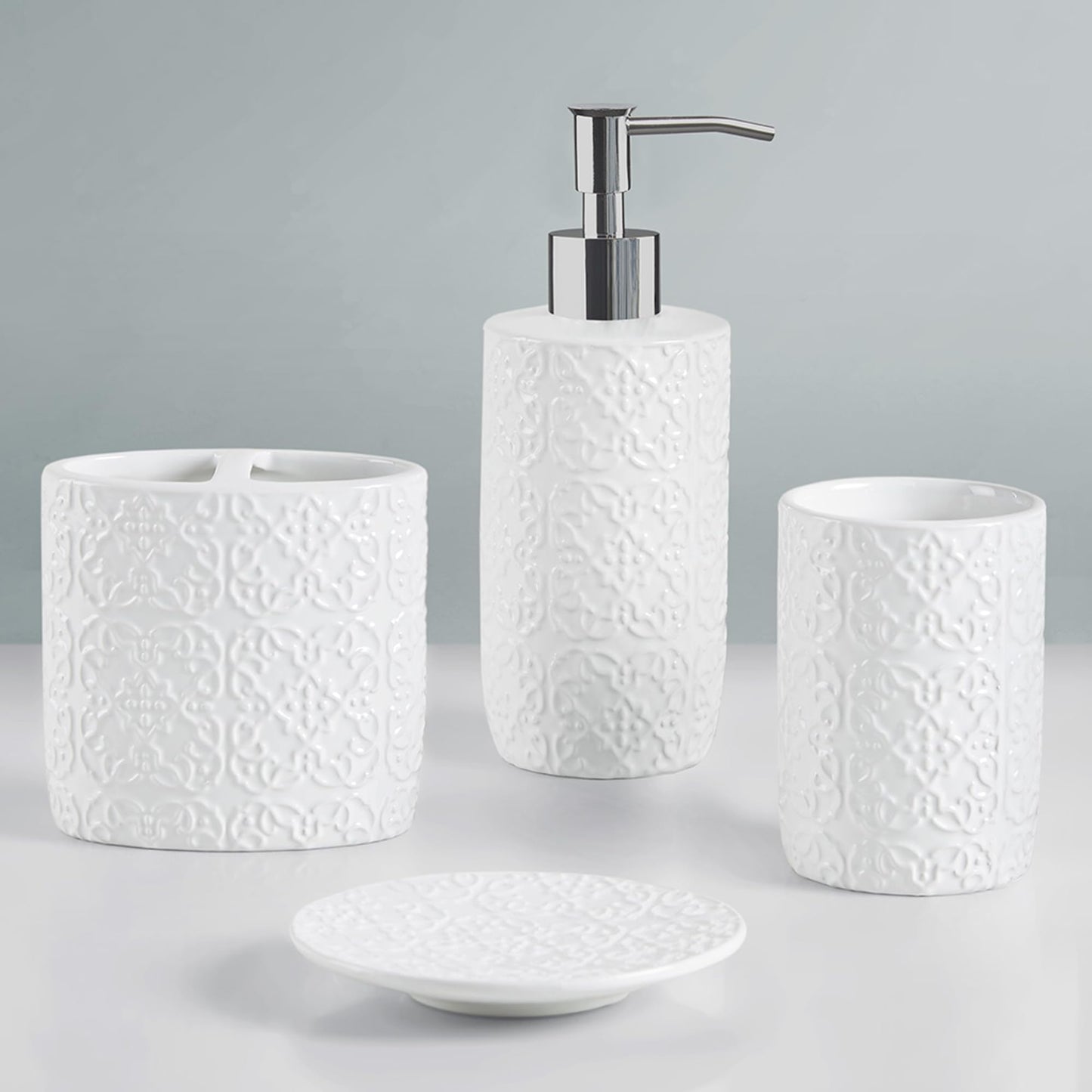 Martha Stewart Ceramic Bathroom Accessories Set, Vanity Decor Storage Organizer, Embossed Damask Medallion, Lotion/Soap Dispenser, Toothbrush Holder