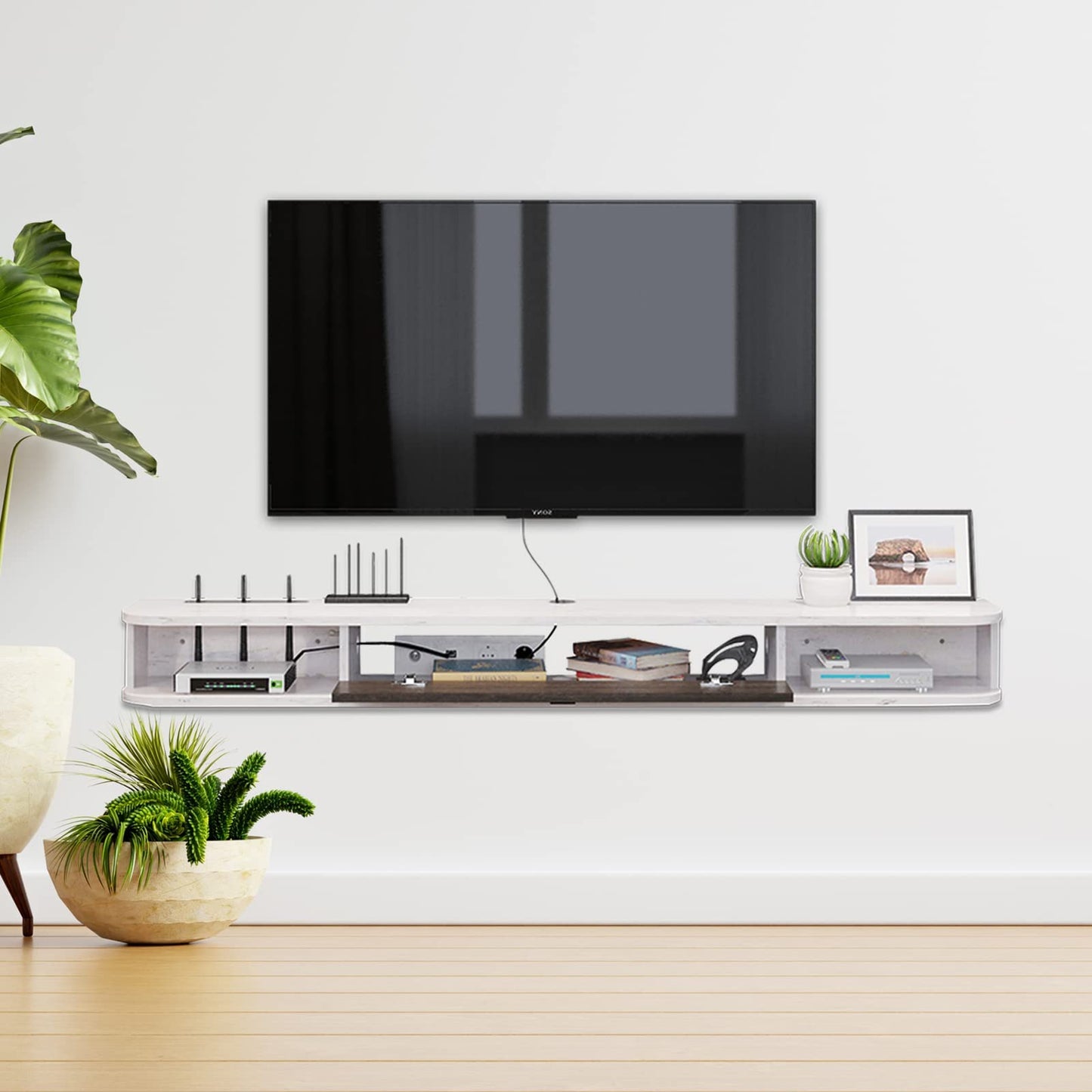 Pmnianhua Floating TV Stand, Wall Mounted TV Cabinet, Floating Shelves with Door, Modern Entertainment Media Console Center Large Storage TV Bench