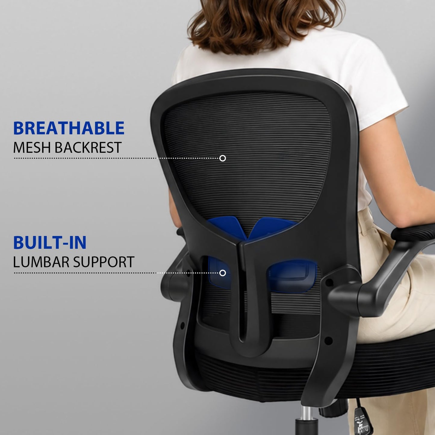 Durrafy Ergonomic Office Chair, Mesh Desk Chair with Adjustable Lumbar Support & Flip-Up Arms, Height Adjustable Swivel for Home Office
