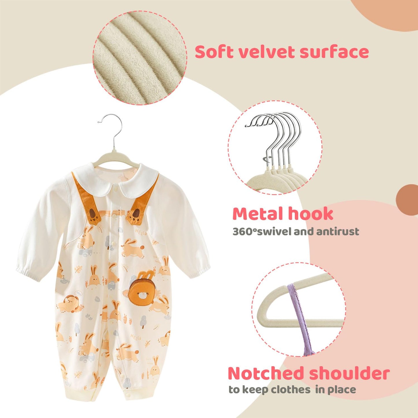 ManGotree 11" Baby Velvet Hangers Non-Slip Kids Hangers 48 Pack Beige