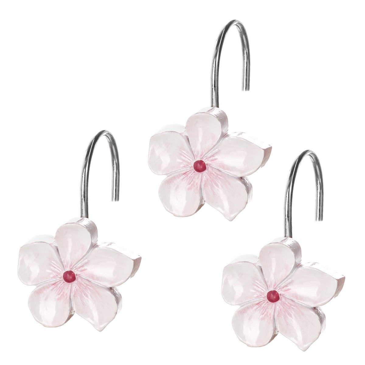 Creative Scents White Shower Curtain Hooks - Set of 12 White & Pink Flower Shower Curtain Hooks - Decorative Shower Curtain Rings for Shower Curtain