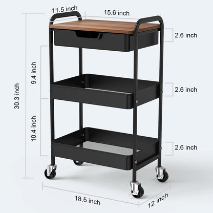 Shrivee 3-Tier Kitchen Storage Trolley on Wheels and Drawer, All-Purpose Metal Uses Trolley for Office Salon Kitchen Bathroom OfficeBlack