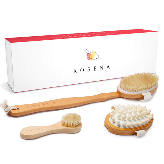 Dry Brushing Body Brush Set ? Natural Bristle Spa Exfoliator Kit with Face Cleansing Brush, Long Dry Brushing Body Brush for Lymphatic Drainage &