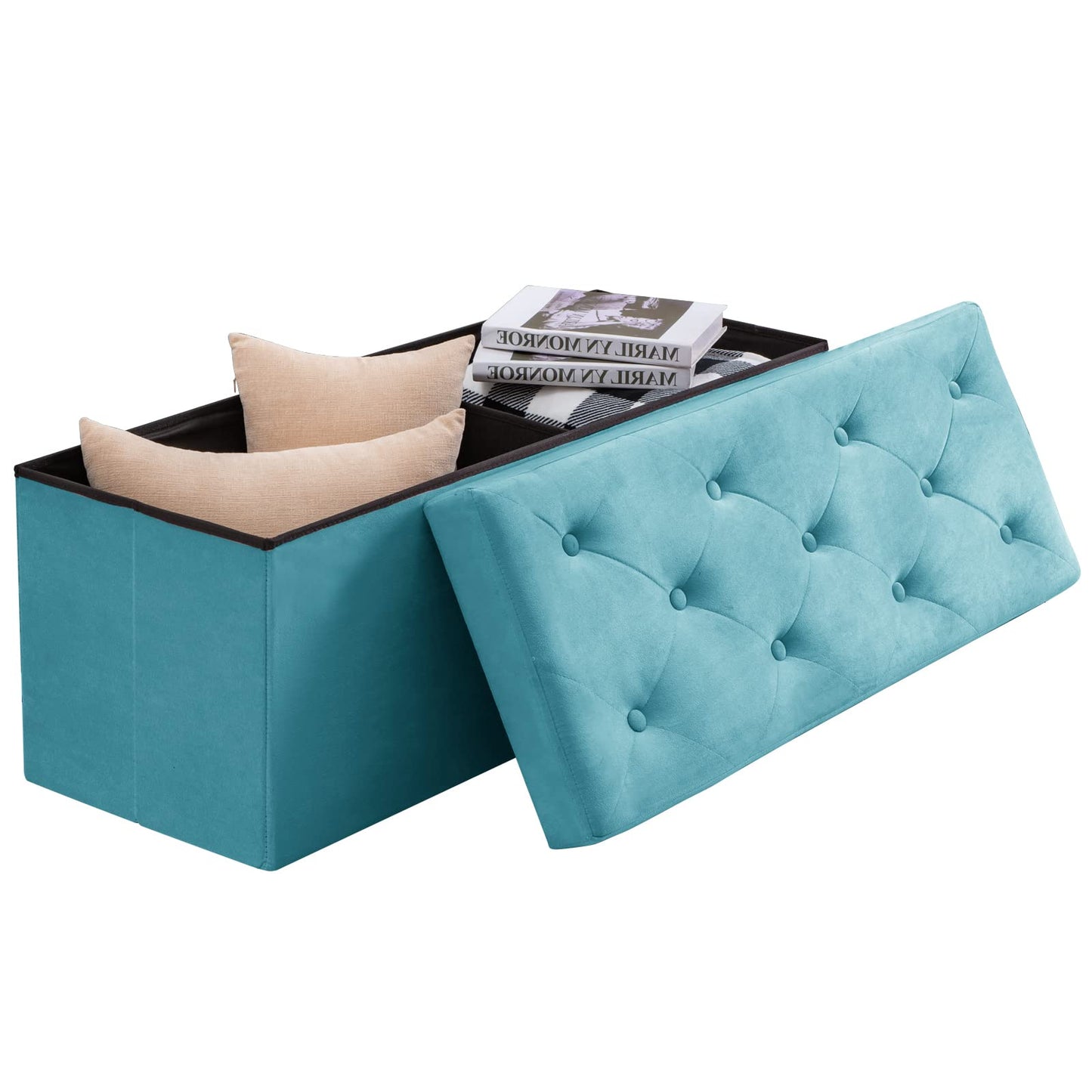 BRIAN & DANY Folding Storage Ottoman Bench, Velvet Large Ottoman Storage Box for Living Room and Bedroom 110 x 40 x 40 cm - Teal