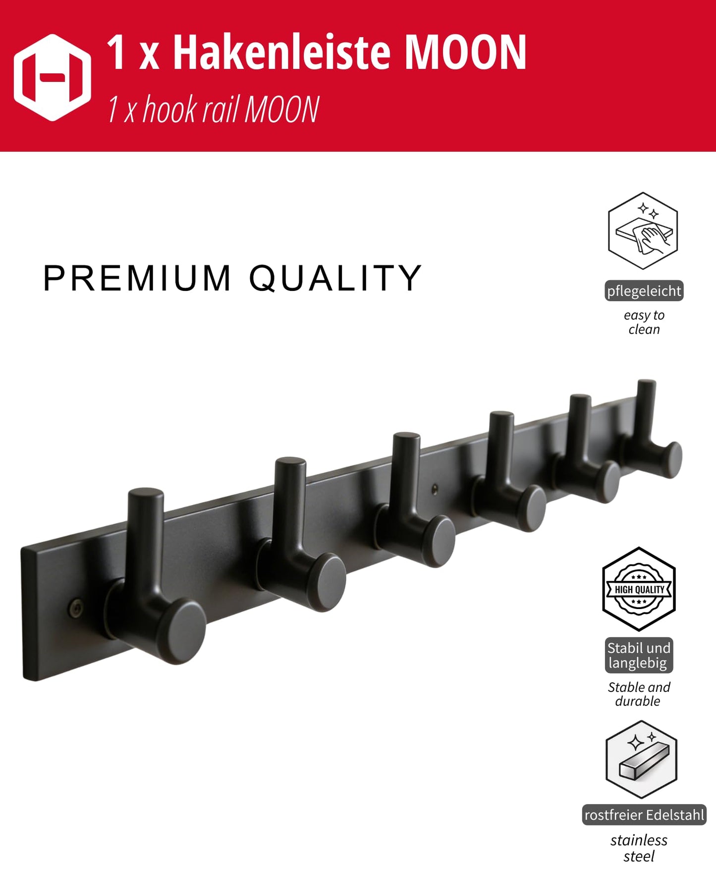 Gedotec Coat Hooks Black matt [6 Hooks] Coat Rail Hallway, Kitchen & Bathroom I Wall Coat Rack Moon I Hook Rail Black for screwing I Design Coat Rack