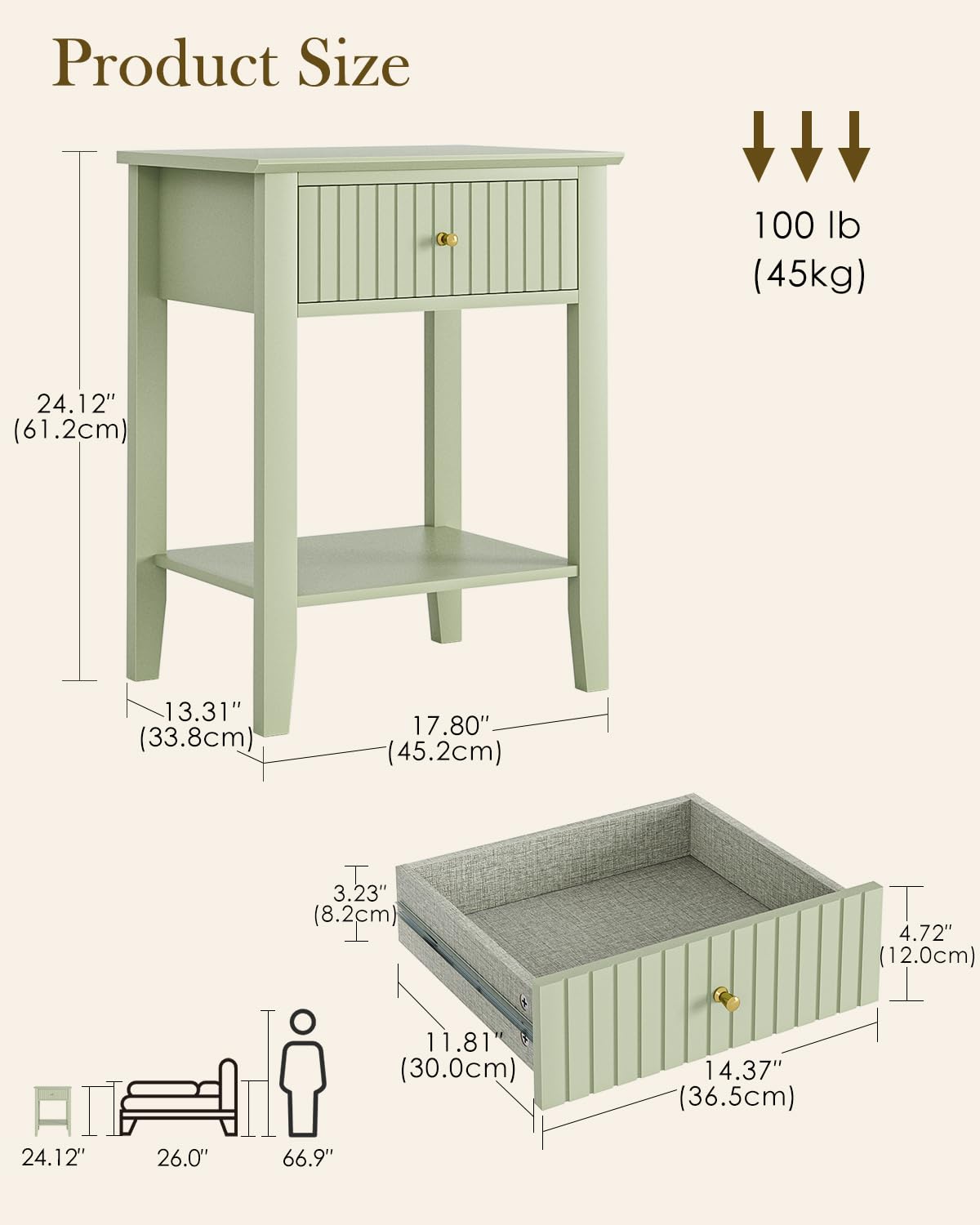 HEYZOEY Bedside Table Chest of 1 Drawer, Bedside Cabinet Wooden Nightstand, Modern Side Table for Living Room,Bedroom,Office,Green