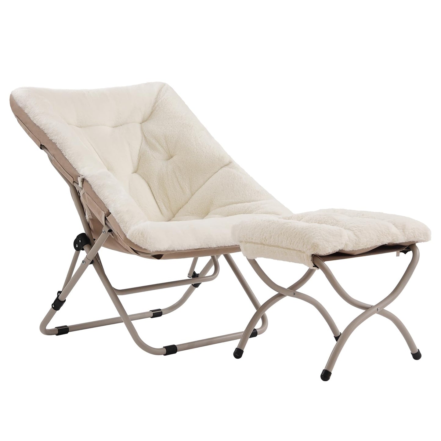SESHINELL Comfy Saucer Chair With Ottoman - Oversized Foldable Faux Fur Lounge Set With Metal Frame Moon for Bedroom, Living Room, Dorm Rooms, Beige