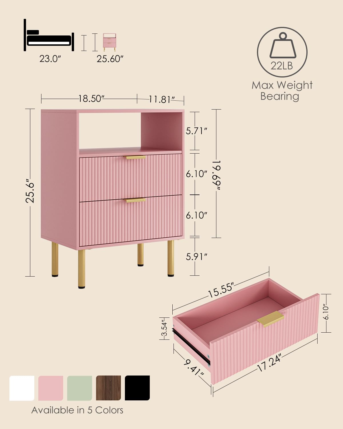 Apetaccat Bedside Table with 2 Drawers, Modern Bedside Cabniet with Metal Legs, Fluted Nightstand, Side Table for Bedroom, Living Room, Office, Pink