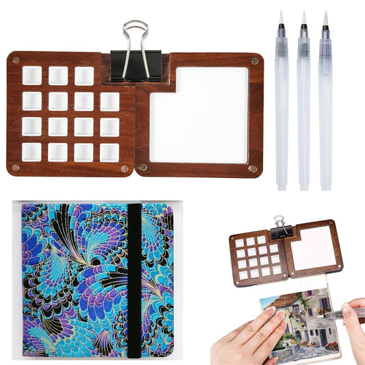 Travel Sketchbook Palette 15 Grids Mini Wood Magnetic Paint Palette Paint Saver with 12 x 12 cm Watercolor Sketchbook Journal 300GSM 24 Sheets Cold