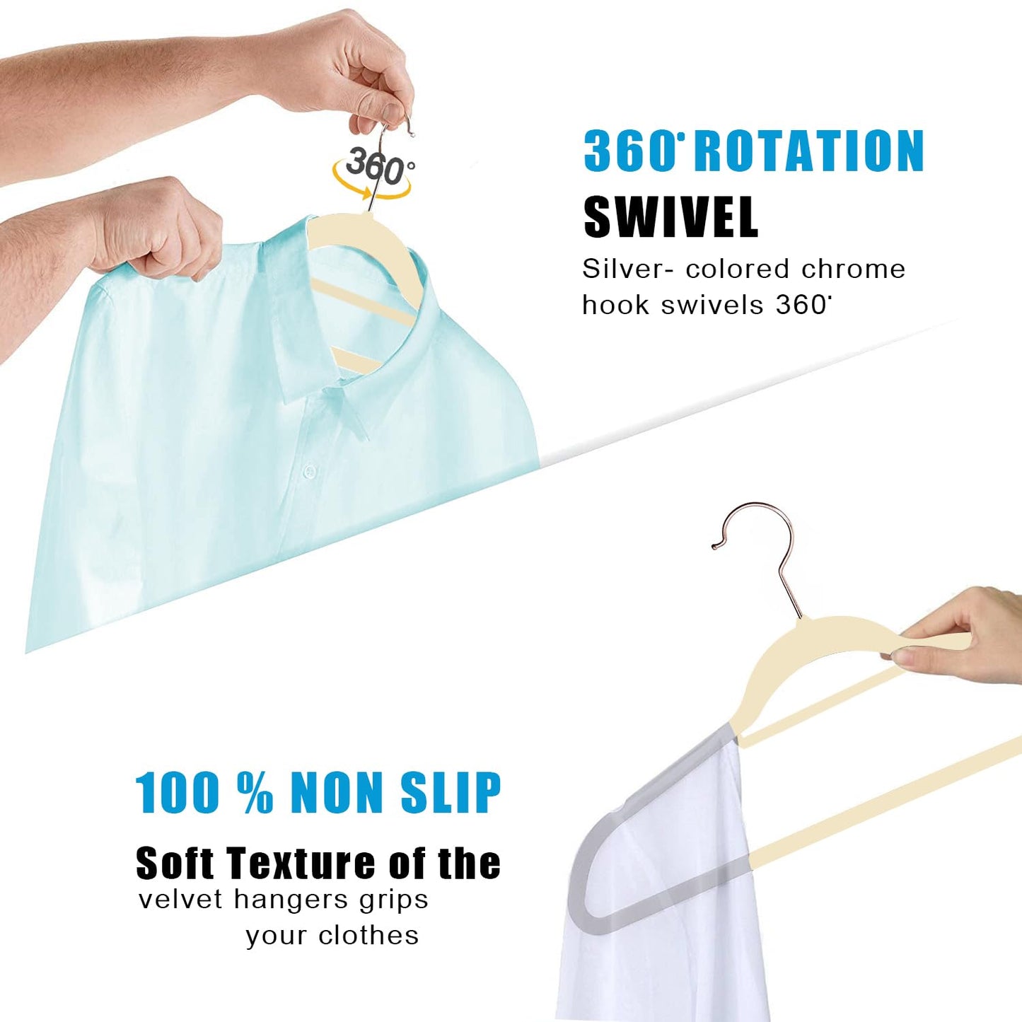 GVTECH Premium Velvet Hangers, [50 Pack] Non Slip and Heavy Duty Velvet Suit Hangers (45cm) with Tie Bar, 360° Swivel Hooks, Sturdy to hold Jumper