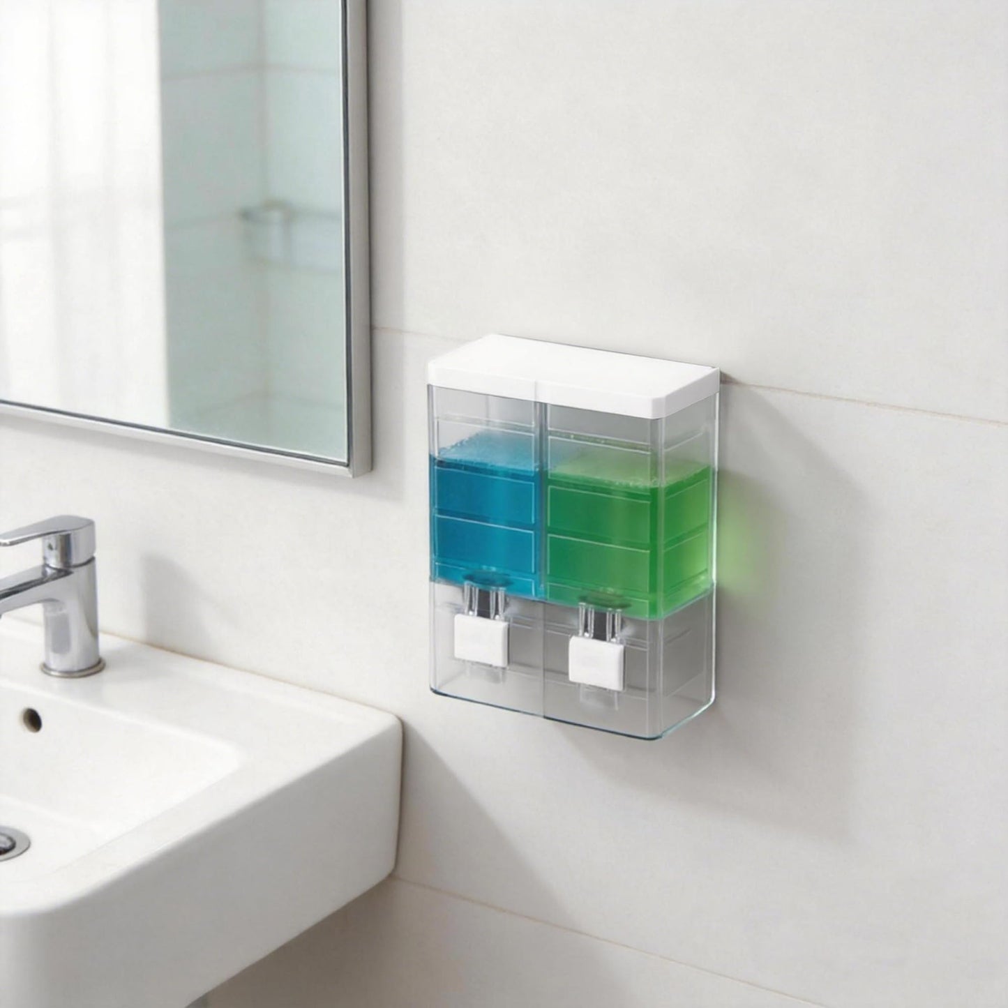 Sueving Soap Dispenser, 2 Chamber Wall Mounted Shampoo and Conditioner Dispenser, 500ML Shower Gel Dispensers for Bathroom, Kitchen (Clear)