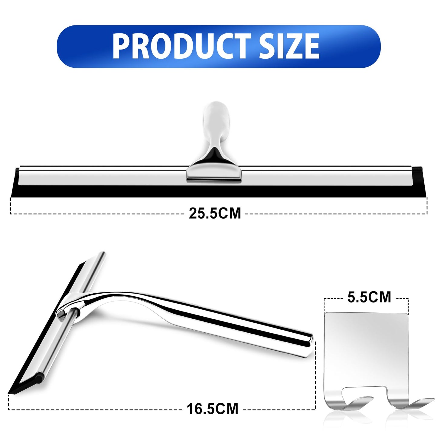 Shower Squeegee, Stainless Steel Window Squeegee, Shower Screen Wiper Squeegee Cleaner Tool for Bathroom, Glass Doors, Windows, Mirror, Car, Kitchen