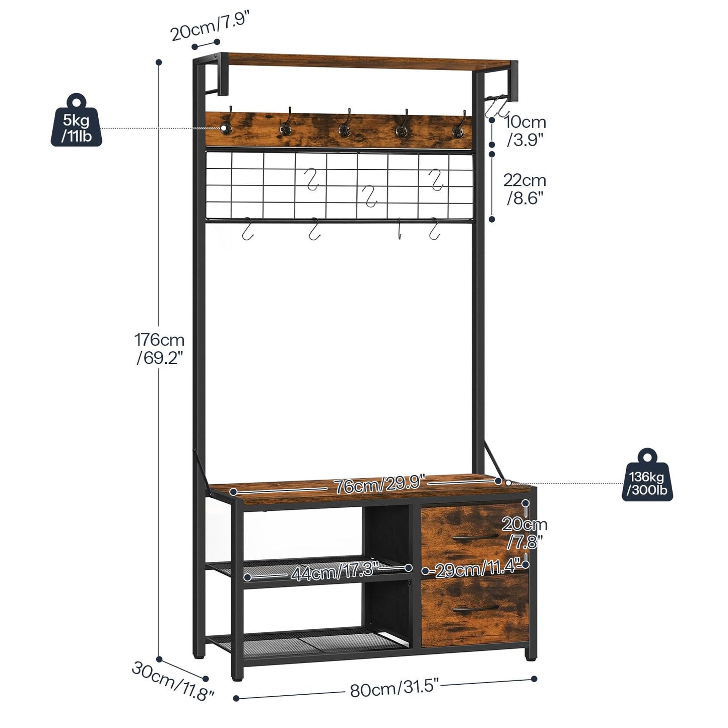 HOOBRO Coat Rack with Shoe Storage Bench, Coat Stand with Hooks and 2 Drawers, 4-in-1 Design, Coat and Shoe Rack, for Hallway, Entryway, Living Room