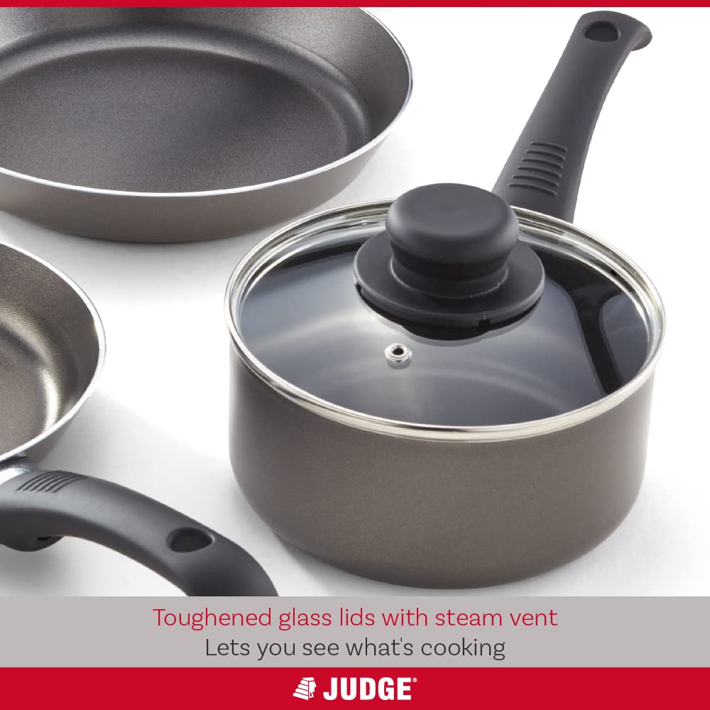 Judge Everyday Set of Pans Non-Stick, 5-Piece Set 16cm 18cm 20cm Saucepans, 20cm 24cm Frying Pans - 5 Year Guarantee