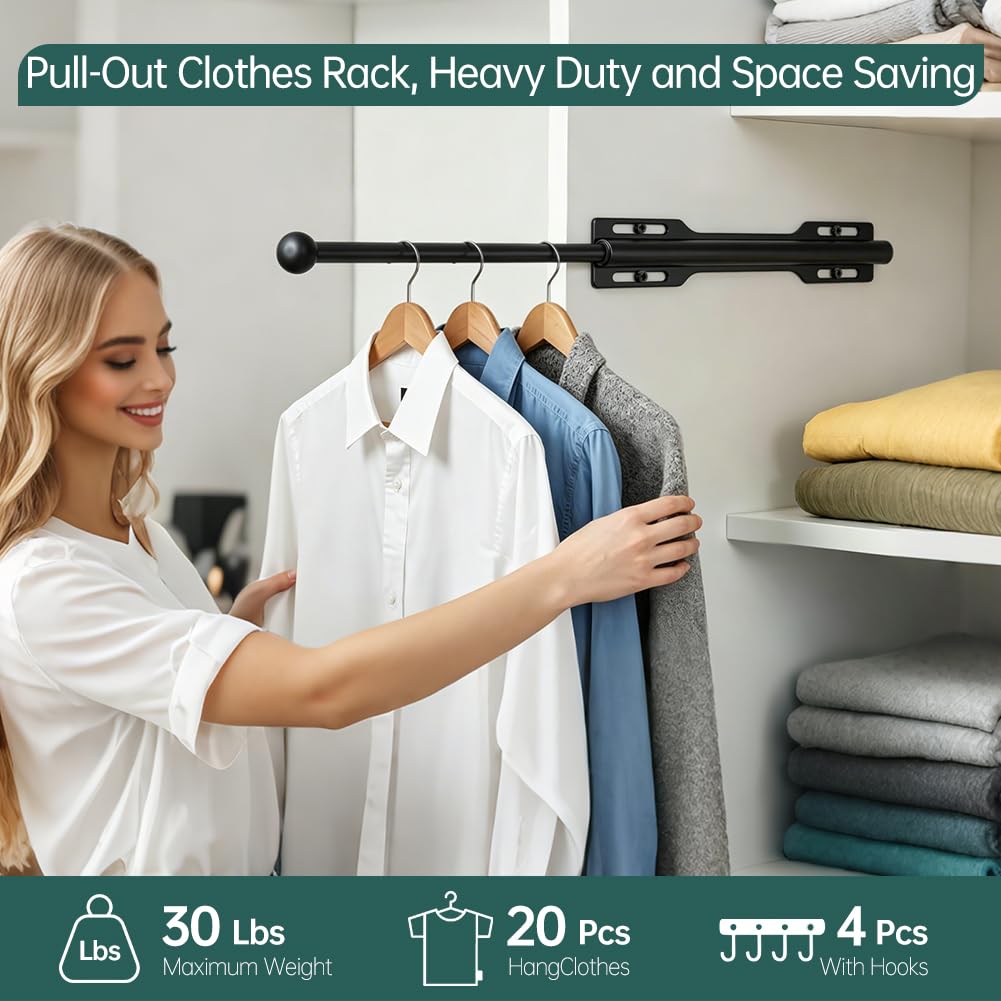 Pull out Clothes Rail, Adjustable Clothes Rail Pole with 4 Hooks, Heavy Duty Stainless Steel Extendable Wardrobe Rail for Closet, Laundry Room
