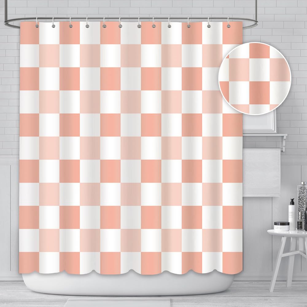 AIBIIN Checkered Shower Curtain 180x180cm/72x72 Inch - Pink Waterproof Bath Curtain, Durable Vintage Checkerboard Design with 12 Hooks