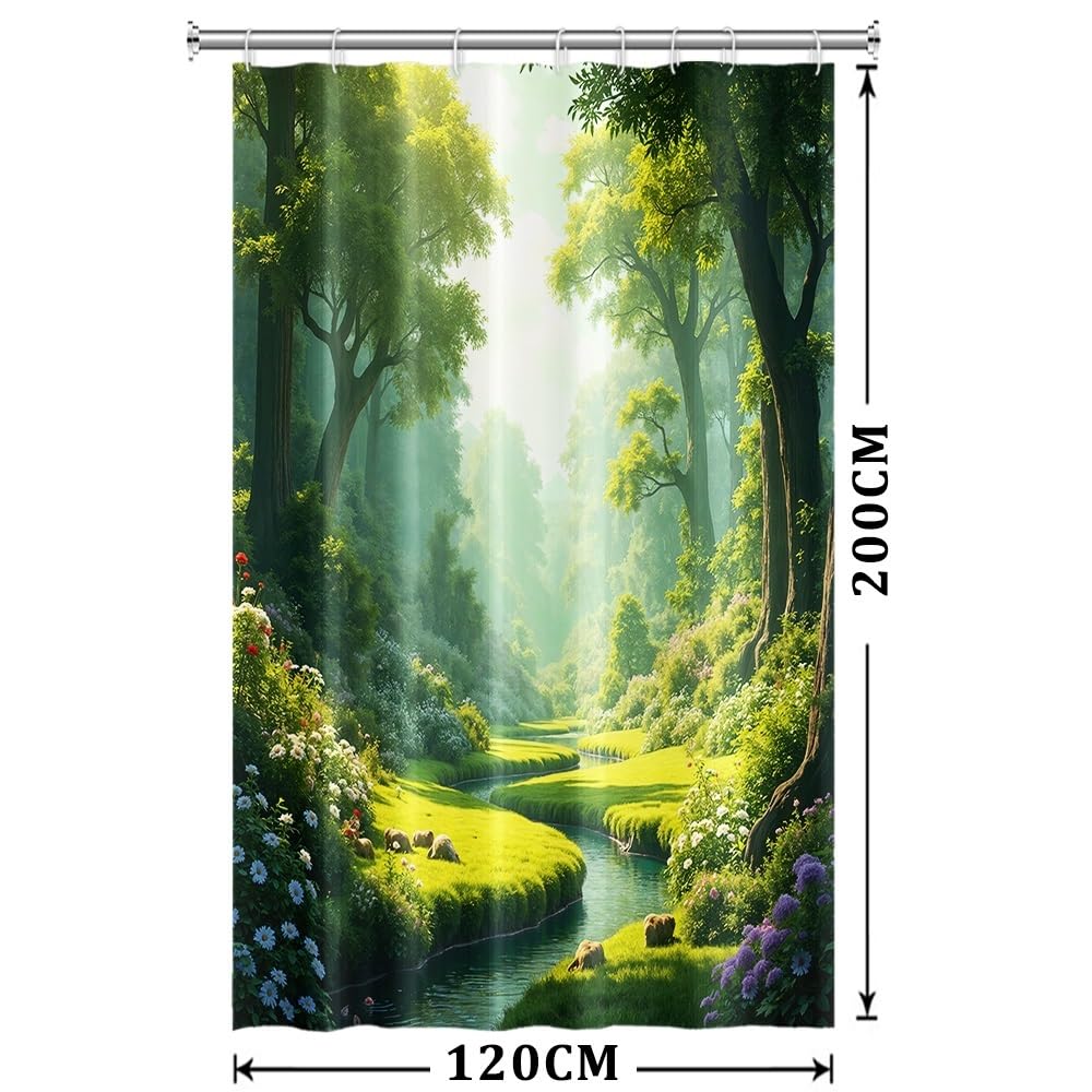 Xiaoterna Floral Plant Shower Curtain Green Spring Nature Forest Bathroom Curtain Green Tall Trees Blooming Flower River Stream Nature Shower Curtain