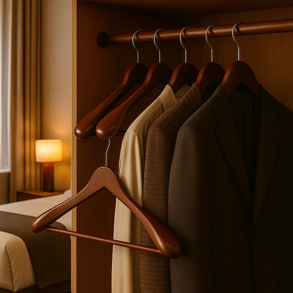 MELA'S Wooden Wide Clothes Hanger, Natural Wood, Pack of 10, Non-Slip, for Stable Jacket, Suit, Shirts, Extra Wide Shoulders, Trouser Bars
