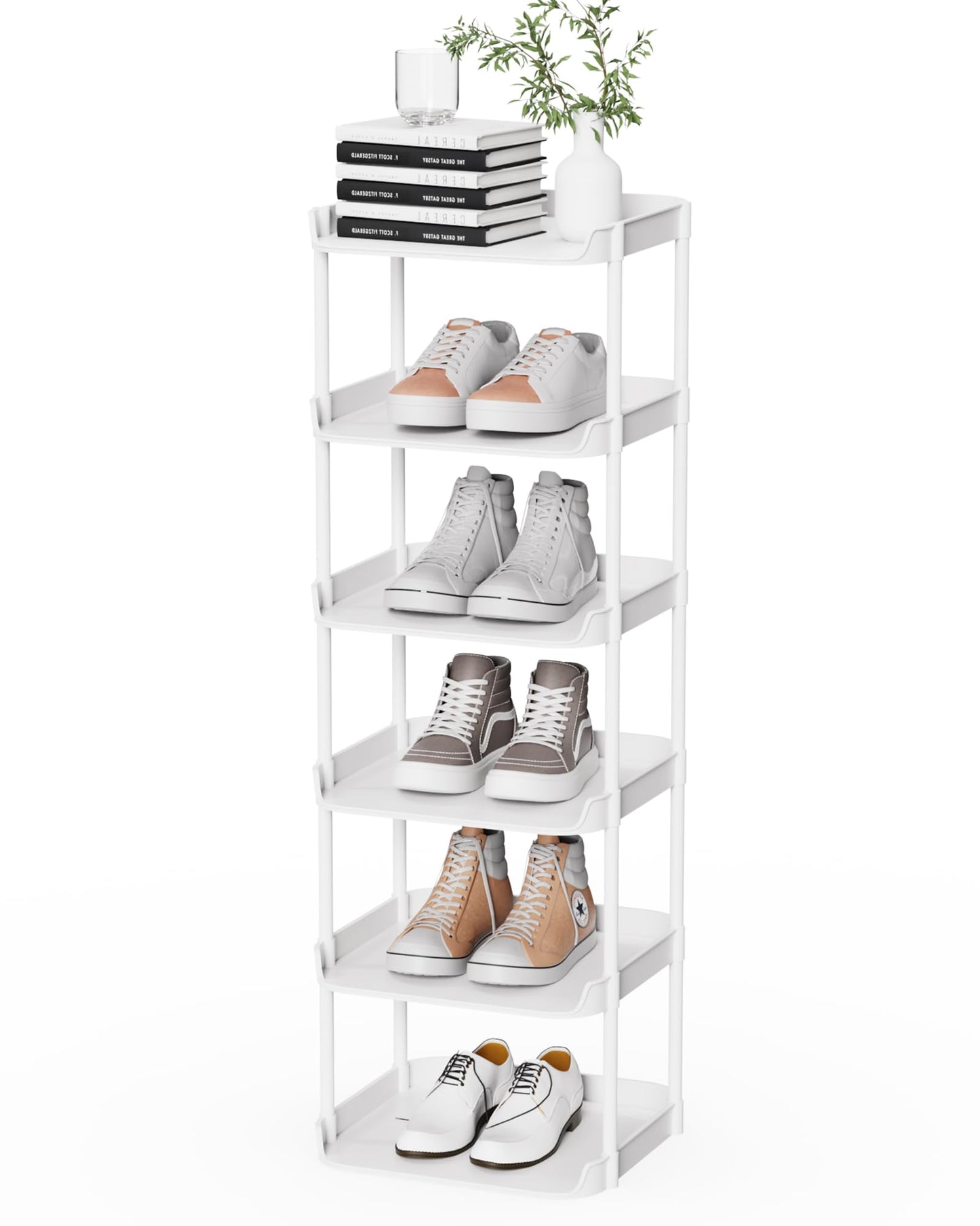Altdnmaf 6 tier Narrow Shoe Storage Rack, Compact Single Shoerack Stand for Slim Space, Stackable Tall Thin Show Tower, Solid Plastic Shelves