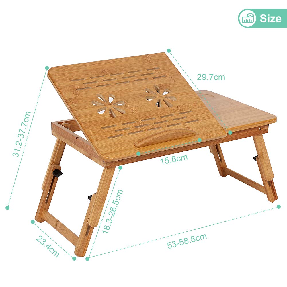 Portable Laptop Tray, Folding Adjustable Laptop Stand Foldable Rack Shelf Dormitory Bed Lap Desk with Hole Cooling Light & Drawer