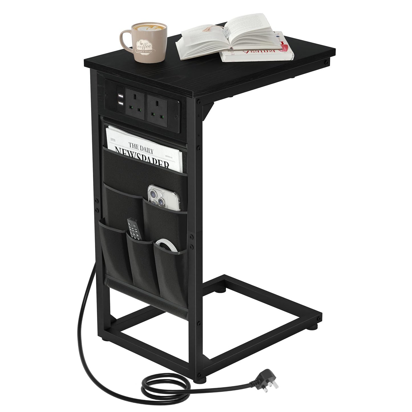AMHANCIBLE C-Shaped Side Table, Side Table with Charging Station