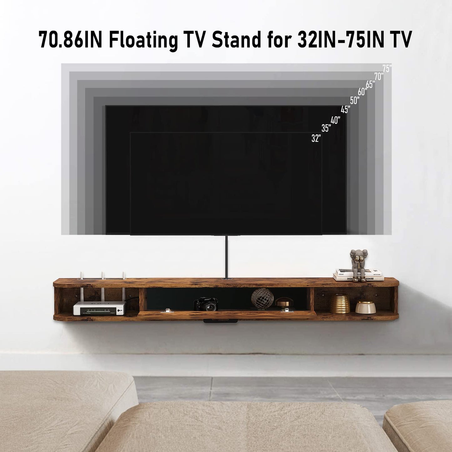Pmnianhua Floating TV Unit, Wall Mounted TV Cabinet, Floating Shelves with Door, Modern Entertainment Media Console Center Large Storage TV Bench for