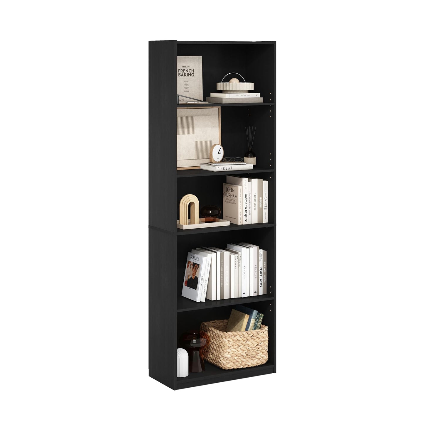 Furinno GEHRY Book Shelf, 5-Tier Bookshelf, Bookcase with Adjustable Shelves, 11.6 x 24.8 x 71.4, for Living Room, Bedroom, Home Office, Blackwood