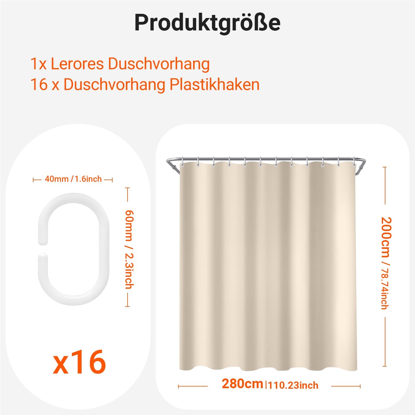 Lerores Shower Curtain, 280 x 200 cm, Beige, Weighted Hem, Anti-Mould Textile, Water-Repellent, Washable Polyester Fabric Bath Curtains for Bathroom