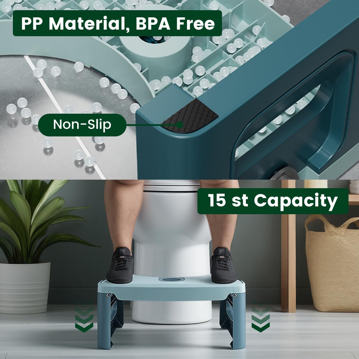 GedFong 17cm Folding Toilet Stool, Non-Slip Bathroom Footrest, Space-Saving Foldable Toilet Stool with Aroma Compartment, PP Material, Algae Green