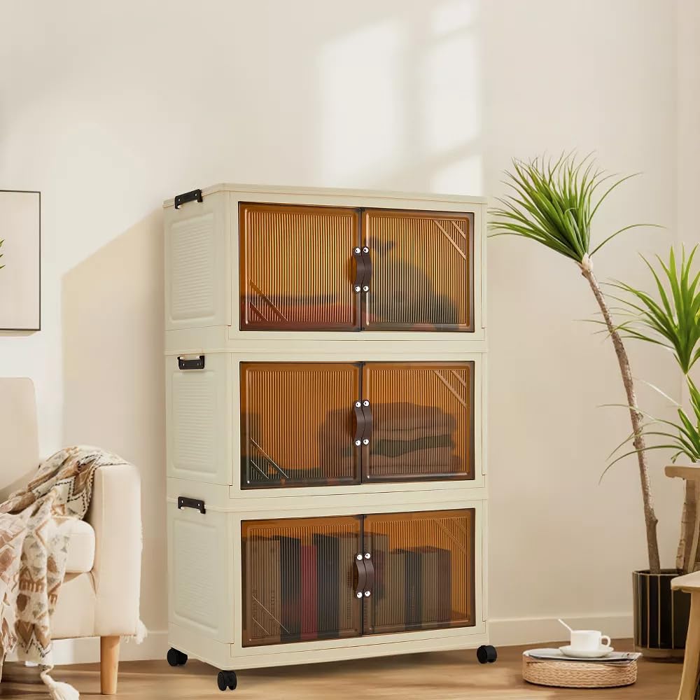 Foldable Wardrobe 28.3 x 15.3 x 44.9in, Plastic Folding Chest of Drawers with Magnetic Doors, Sturdy Multi-Purpose Cabinet for Children's Clothes