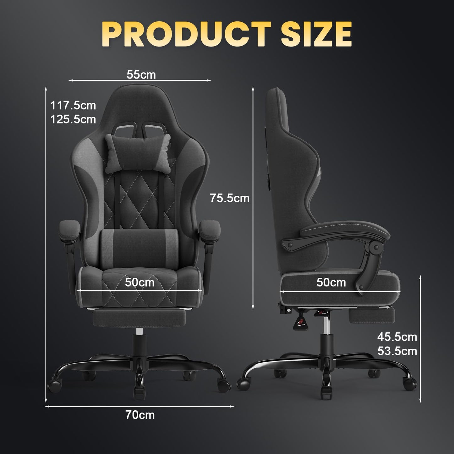 JUMMICO Fabric Gaming Chair with Footrest – Ergonomic Reclining Gamer Chair for Adults with Pocket Spring Cushion, Headrest & Massage Lumbar Support