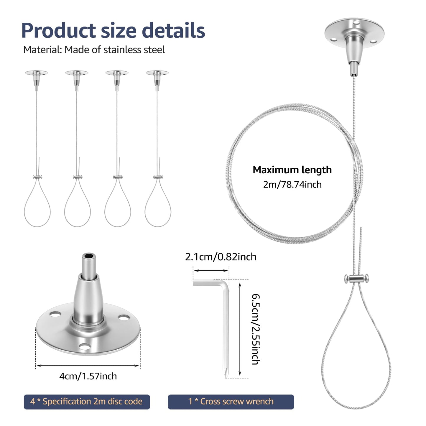4 Pcs Ceiling Support for Closet Rod 2m/78.74inch Adjustable Closet Rod Support Bracket Stainless Steel Ceiling Supports Assembly