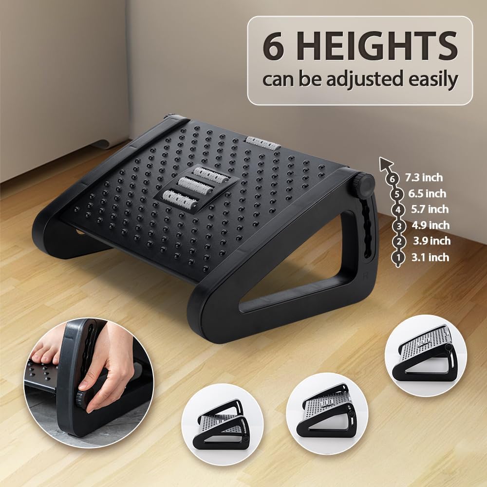 Office Foot Rest - Adjustable Height Footrest Under Desk - Ergonomic Foot Stool with Large Roller Massager for Improved Posture/Pressure