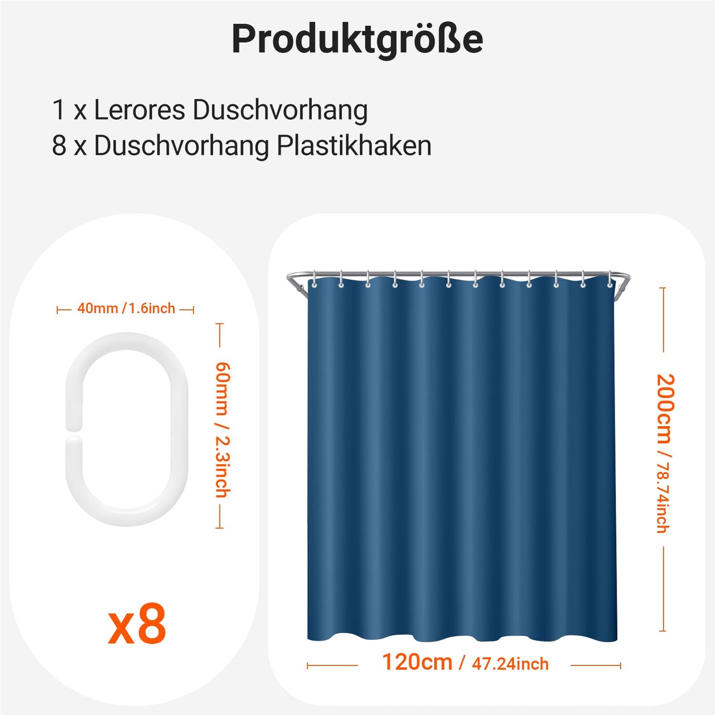 Lerores Shower Curtain, 120 x 200 cm, Dark Blue, Weighted Hem, Anti-Mould Textile, Water-Repellent