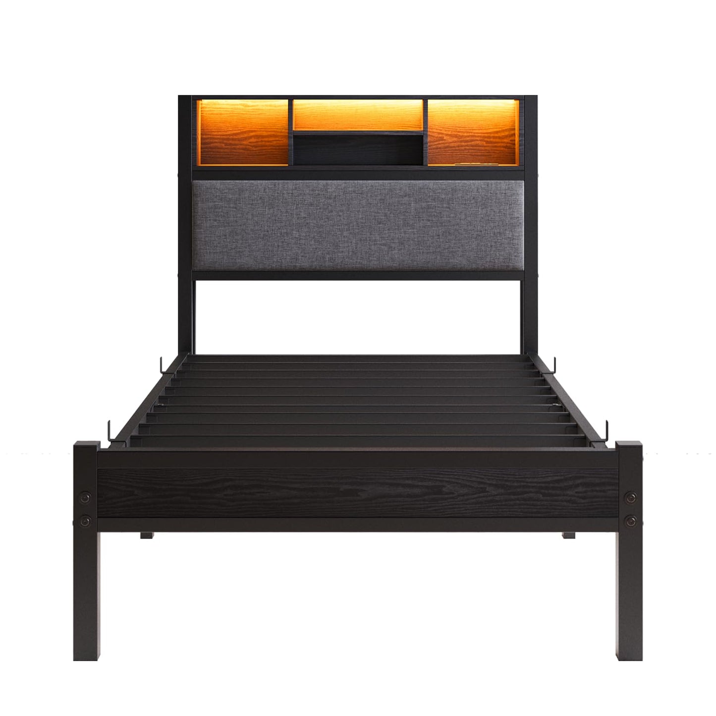 MUZERUL 3ft Single Bed Frame with Storage Shelf Upholstered Headboard, Heavy Duty Platform Bed Frame, Metal Bed with Charging Station and LED Lights
