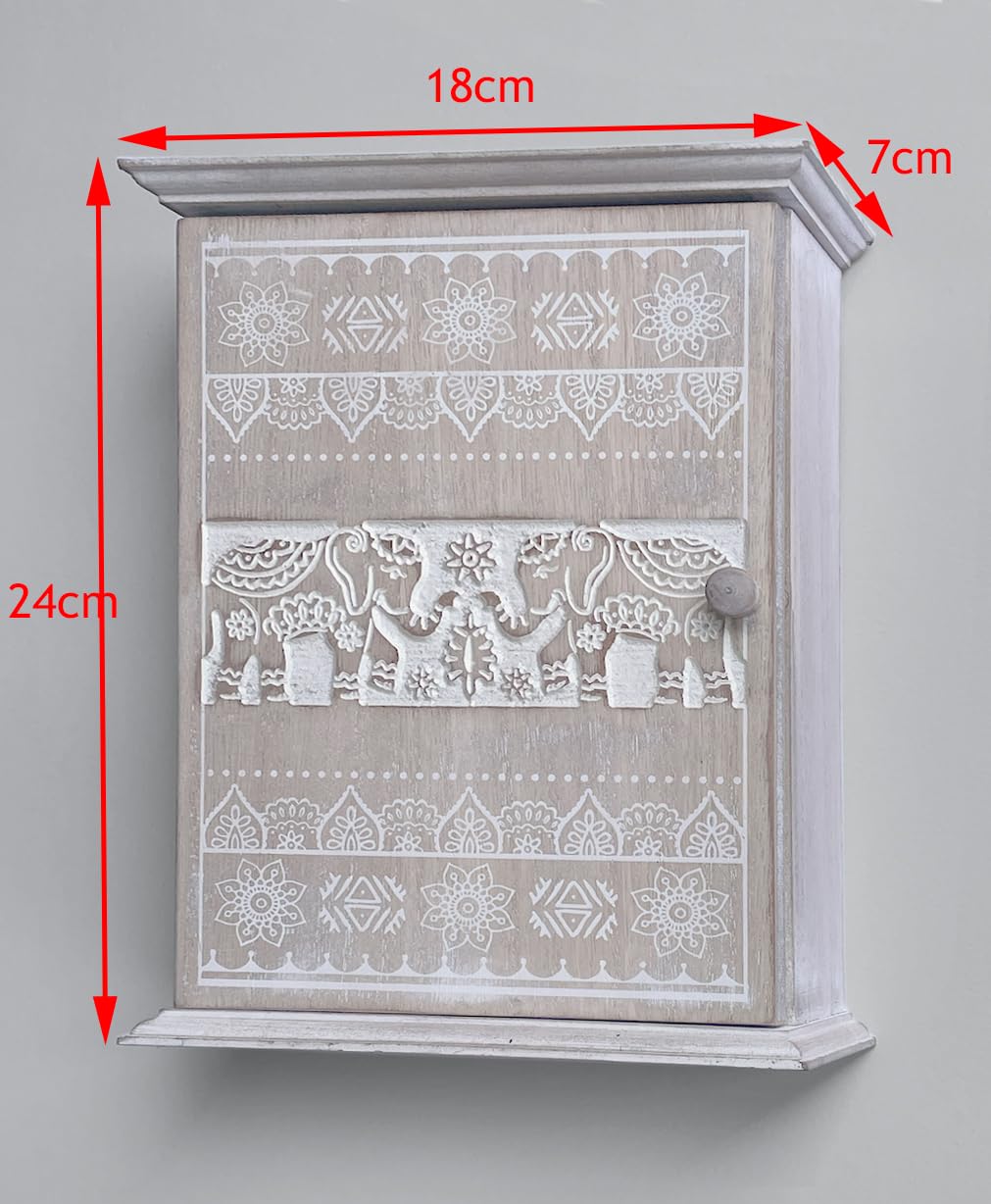 GreyZouq Wooden Key Cabinet Wall Mounted, Elephant Carving Design, Key Holder for Wall with 6 Hooks, Decorative Key Organiser, Magnetic Door Closure