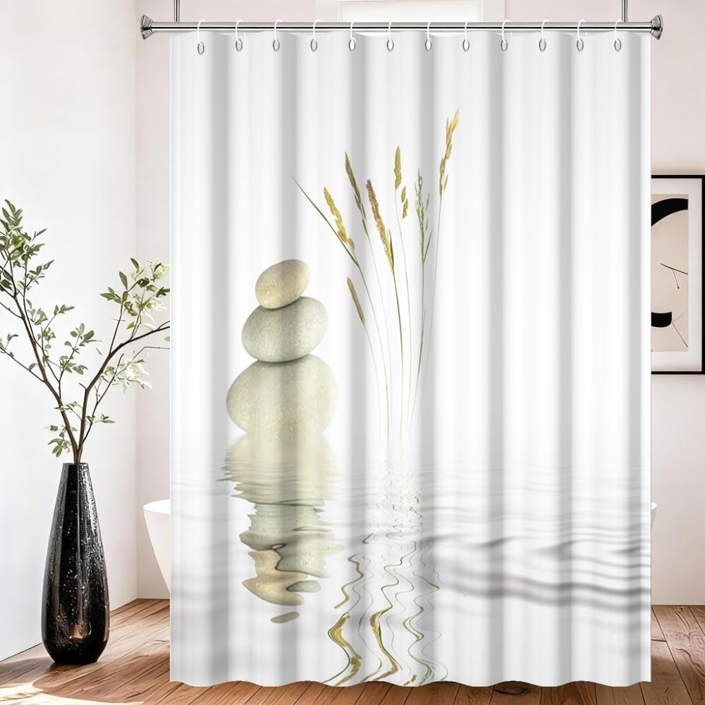 Xiaoterna Spa Garden Shower Curtain Wild Grass Reflection in Water Meditation Bathroom Curtain Rustic Spa Stone Water White Shower Curtain Machine