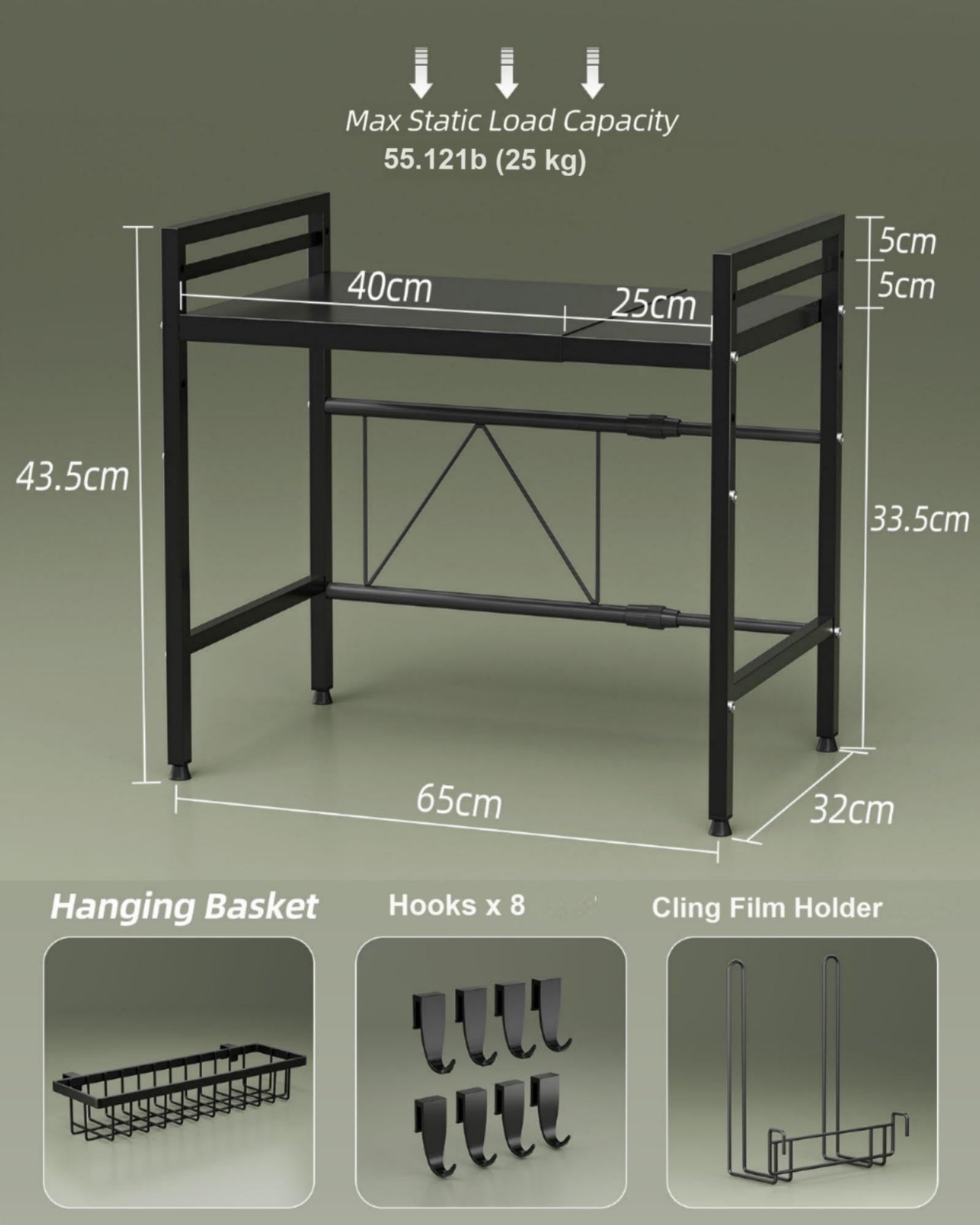 NETEL Expandable Microwave Shelf, 2-tier Microwave Oven Rack with Spice Basket, Kitchen Roll Holder & 4 Hooks, Countertop Organiser