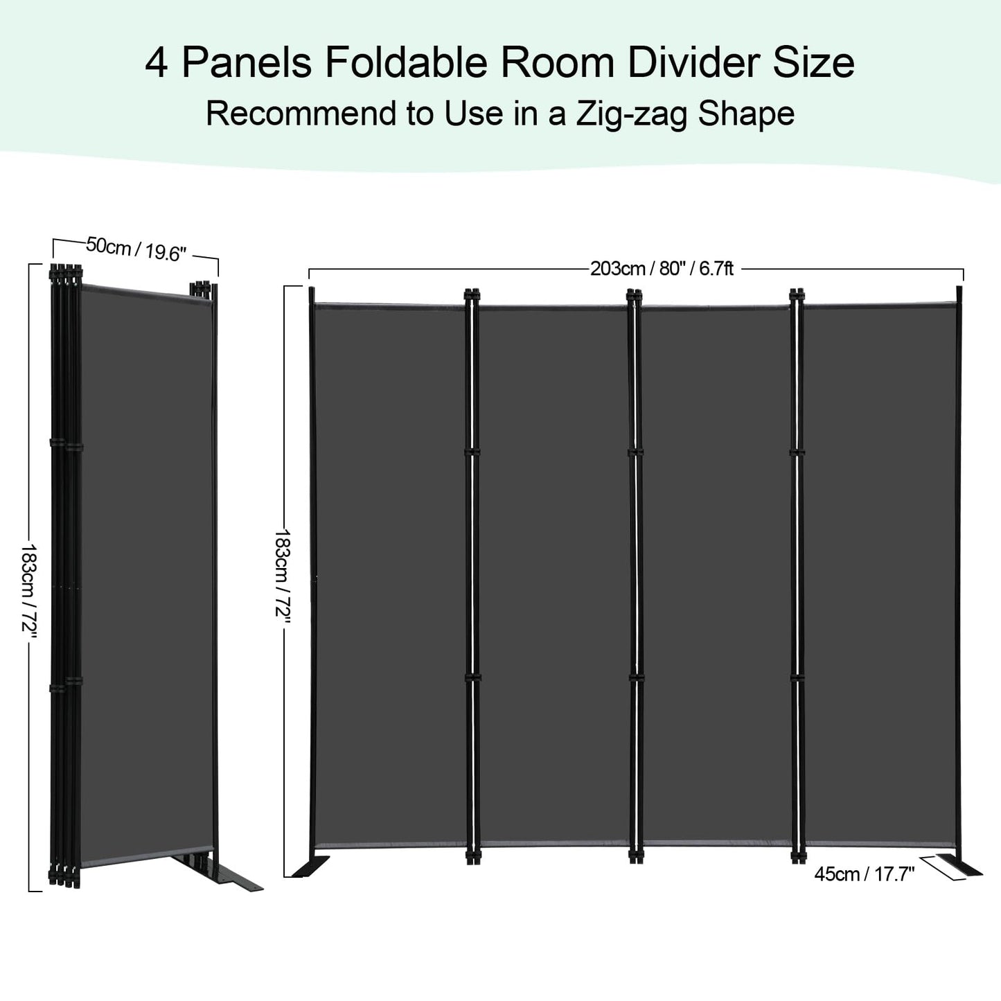 KEORTUN 4-Panel Room Dividers and Folding Privacy Screens 203W x183H cm Office Partition Freestanding Divider for Home Office, Grey