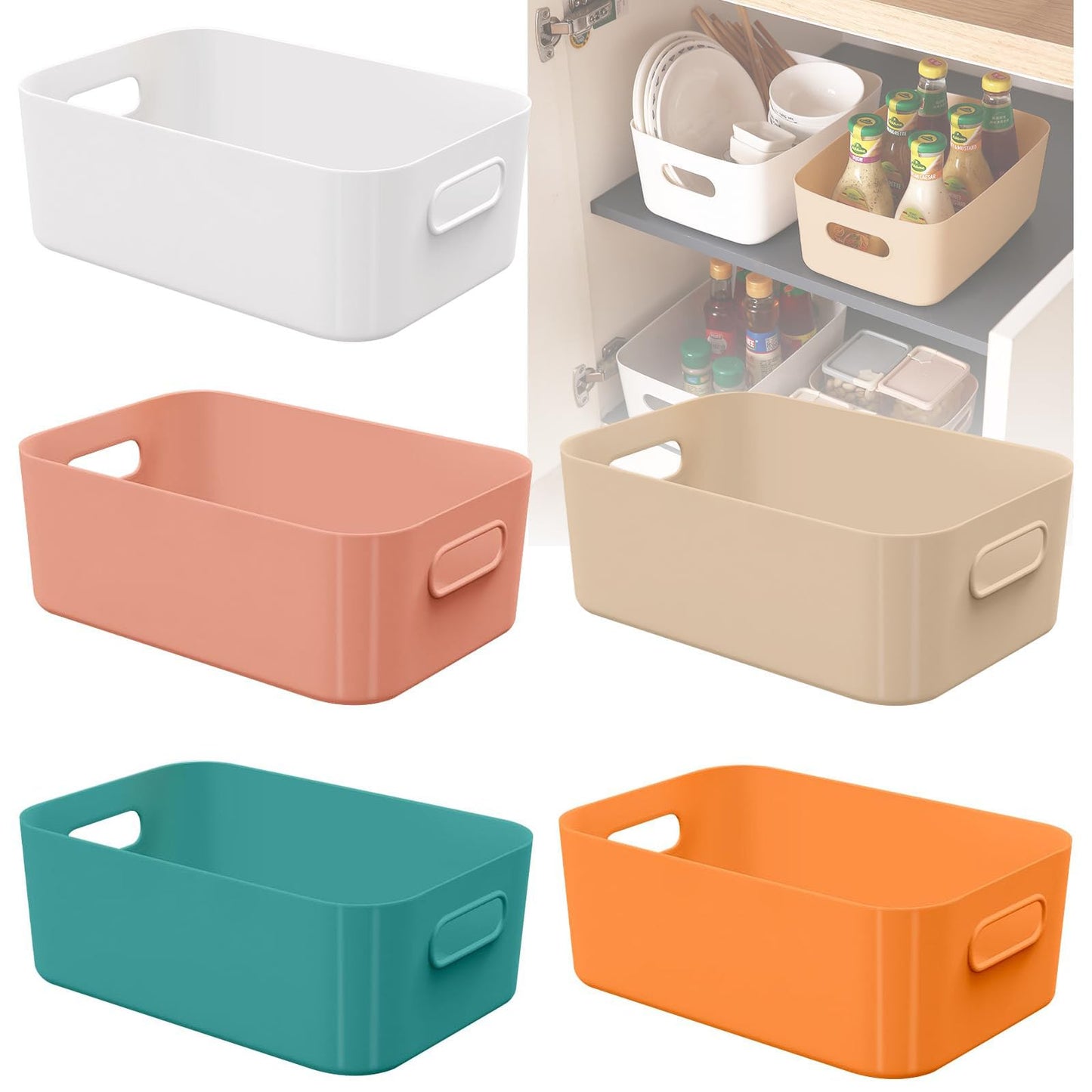 W&H 5 PCS Plastic Storage Boxes, Small Storage Baskets with Handle, Kitchen Cupboard Organiser, Plastic Baskets for Bathroom, Drawer, Shelves
