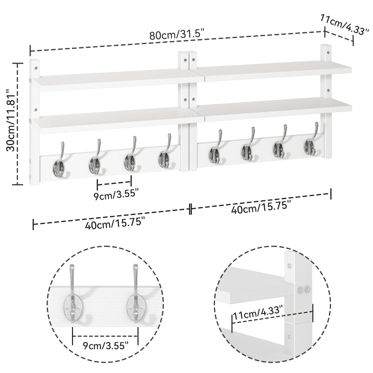 YMYNY 2-Tier Coat Hooks Wall Mounted with Shelf, White HWS009W-2