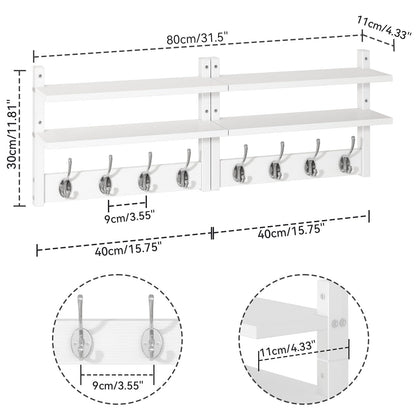 YMYNY 2-Tier Coat Hooks Wall Mounted with Shelf, White HWS009W-2