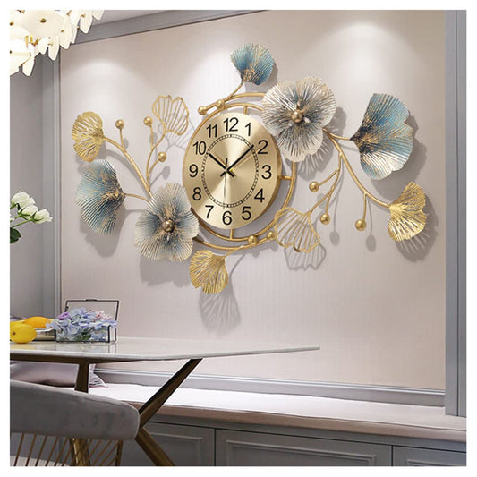 Large Silent Modern Decorative Wall Clock,Elegant Wrought Iron Wall Clocks Ginkgo Leaf Mute Wall Quartz Clock for Living Room Bedroom Hotel Porch (83