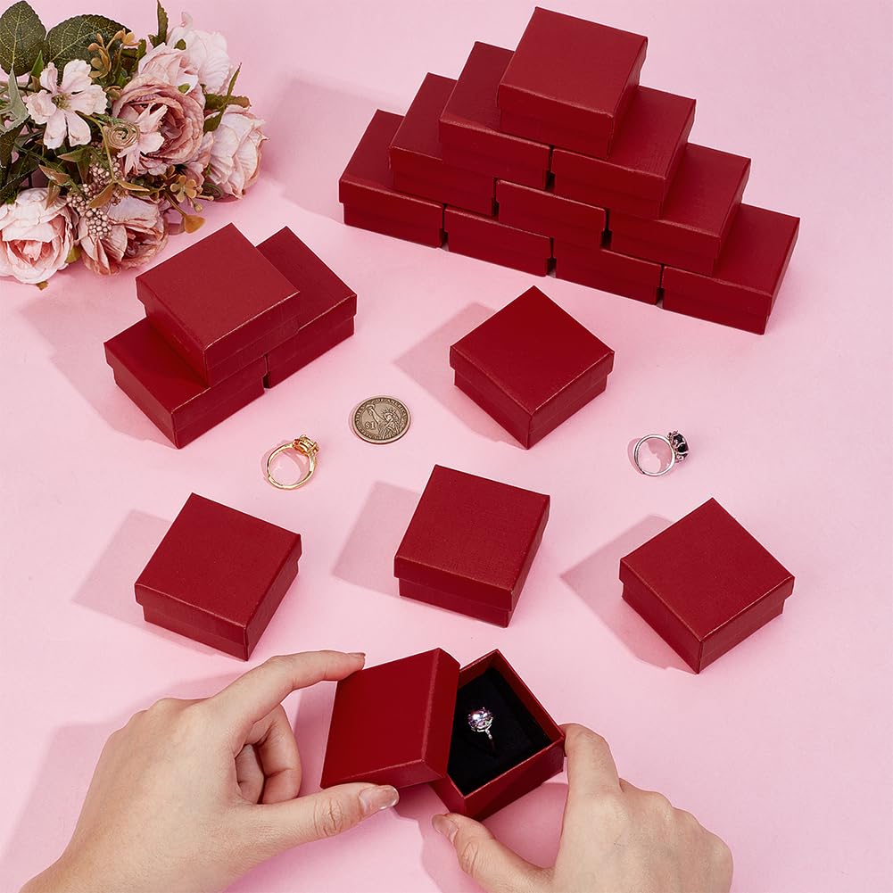 BENECREAT 24 Packs Red Jewelry Gift Boxes, 5.25x5.25x3.1cm/2.07x2.07x1.22 Inch Square Cardboard Jewelry Boxes with Sponge Inside for Earrings Rings