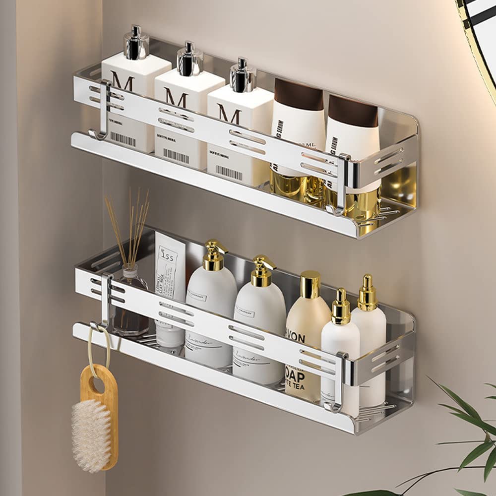 Celbon 30CM Chrome Shower Caddy No Drilling Self Adhesive Stainless Steel Bathroom Shelf Organiser with 2 Hooks Shower Shelf Kitchen Organiser